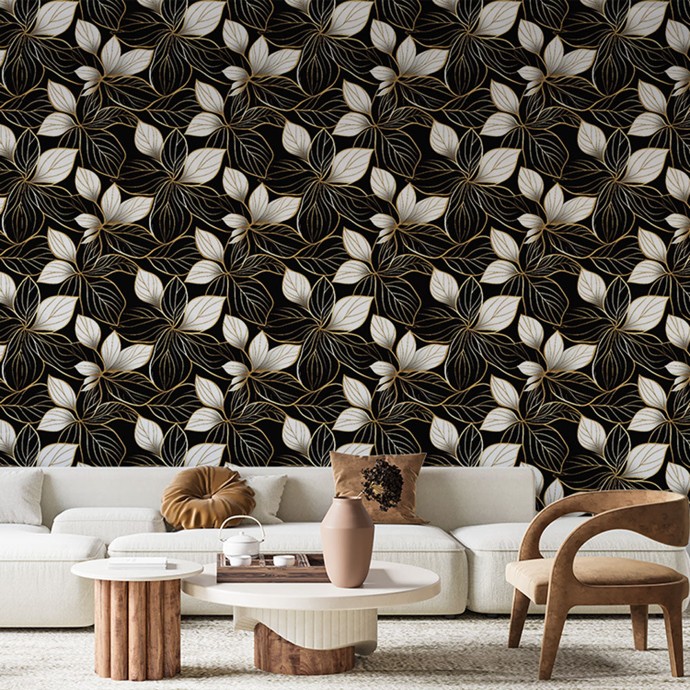 Gilded Leaves Wallpaper on Black | Floral Wall Mural