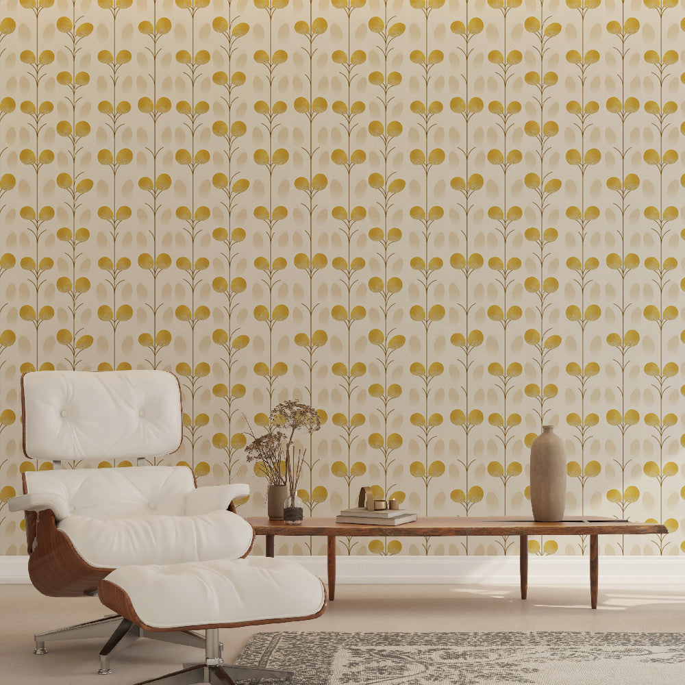 Golden Leaves Wallpaper | Cream Background Wall Mural