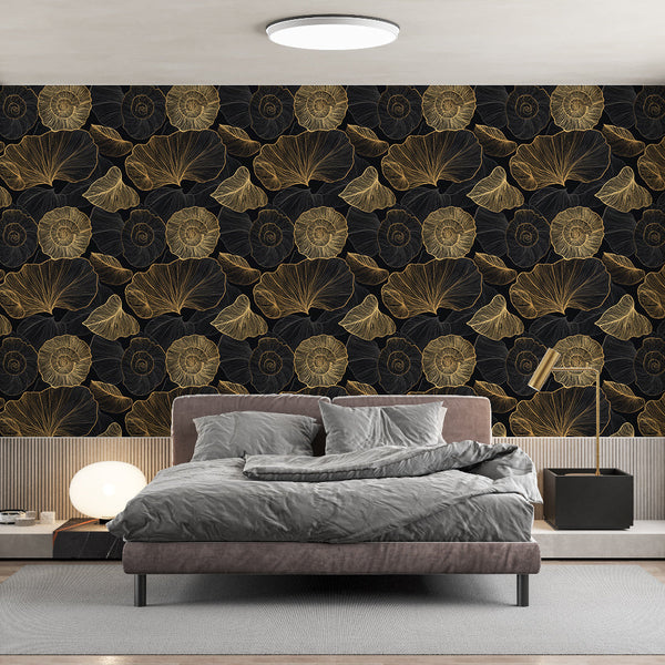 Golden Wallpaper | Leaves and Seashells on Black Wall Mural