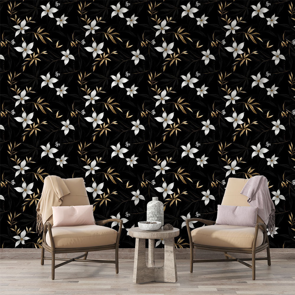 Elegant Floral Wallpaper | White Blooms Gold Foliage Black Wall Mural