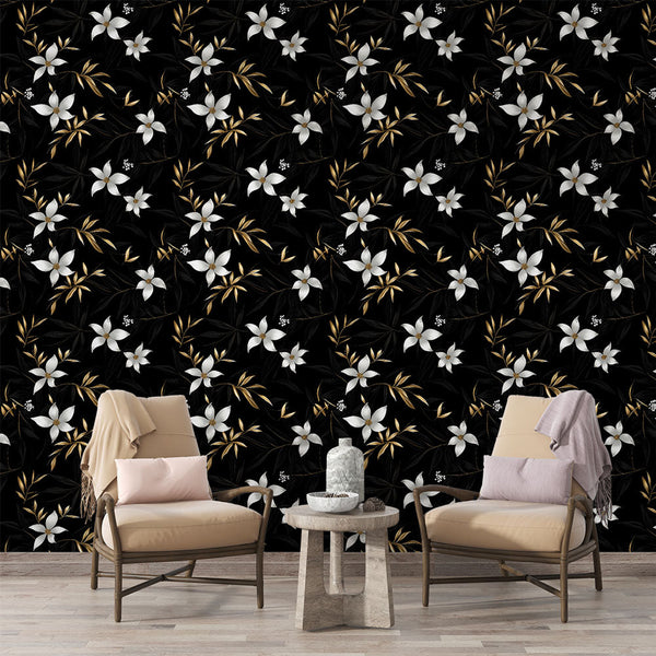 Elegant Floral Wallpaper | White Blooms Gold Foliage Black Wall Mural