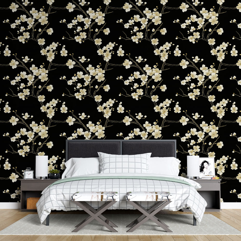 Elegant Floral Wallpaper | White Blooms on Black