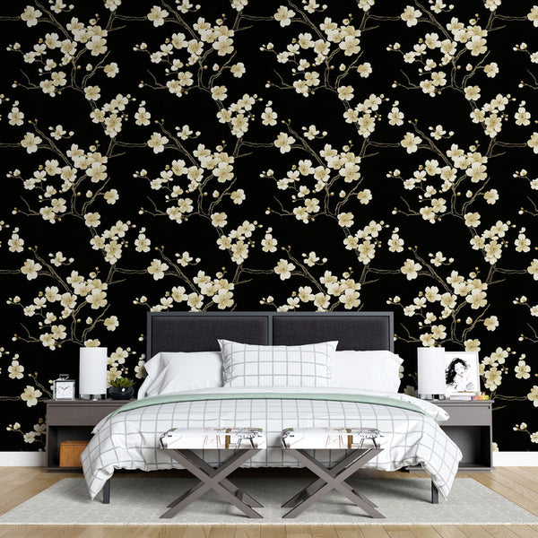 Elegant Floral Wallpaper | White Blooms on Black