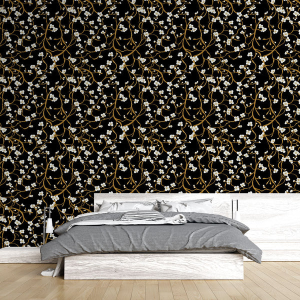 Elegant Floral Wallpaper | White Blooms on Black