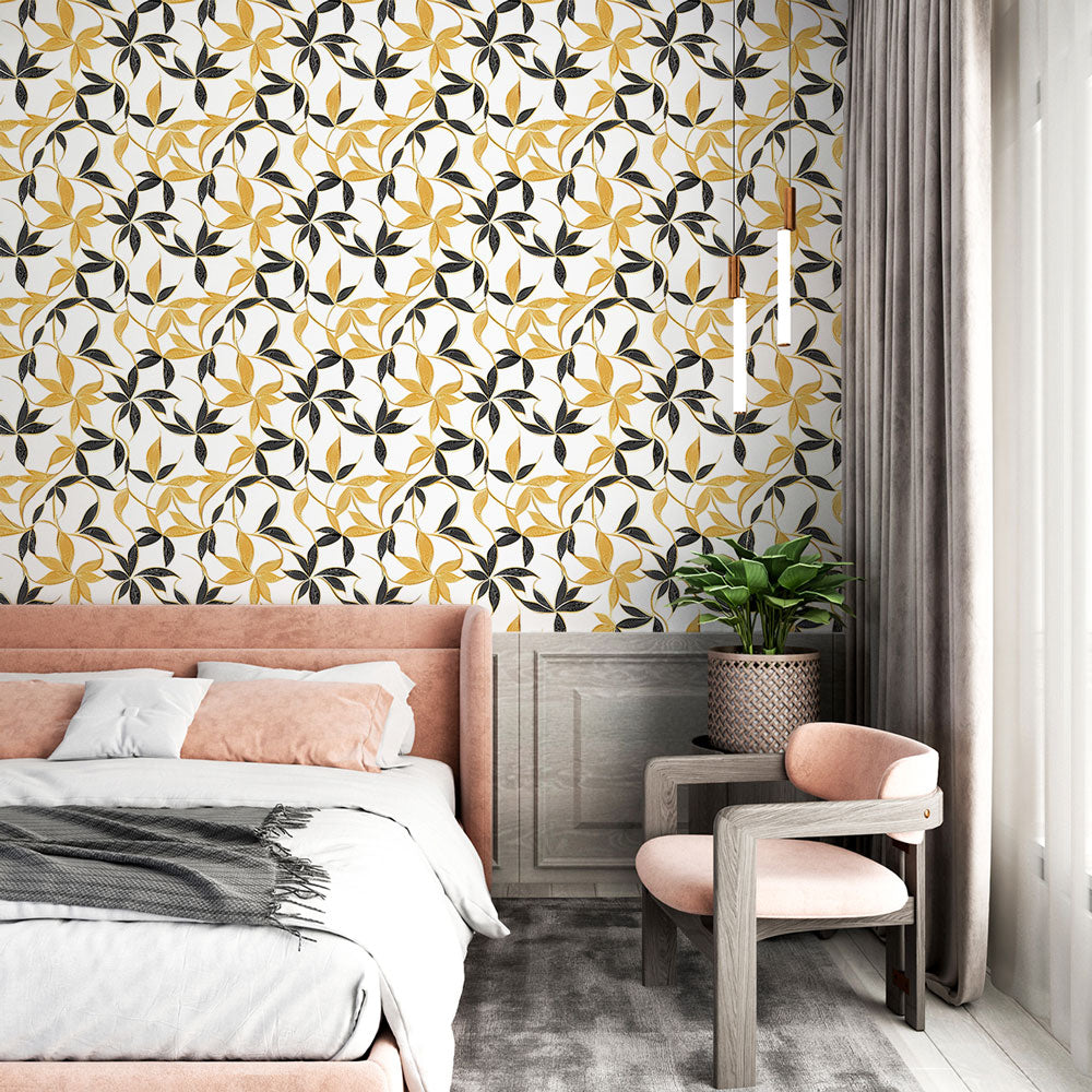 Elegant Floral Wallpaper | Gold & Black Flowers Mural