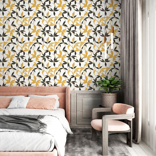 Elegant Floral Wallpaper | Gold & Black Flowers Mural