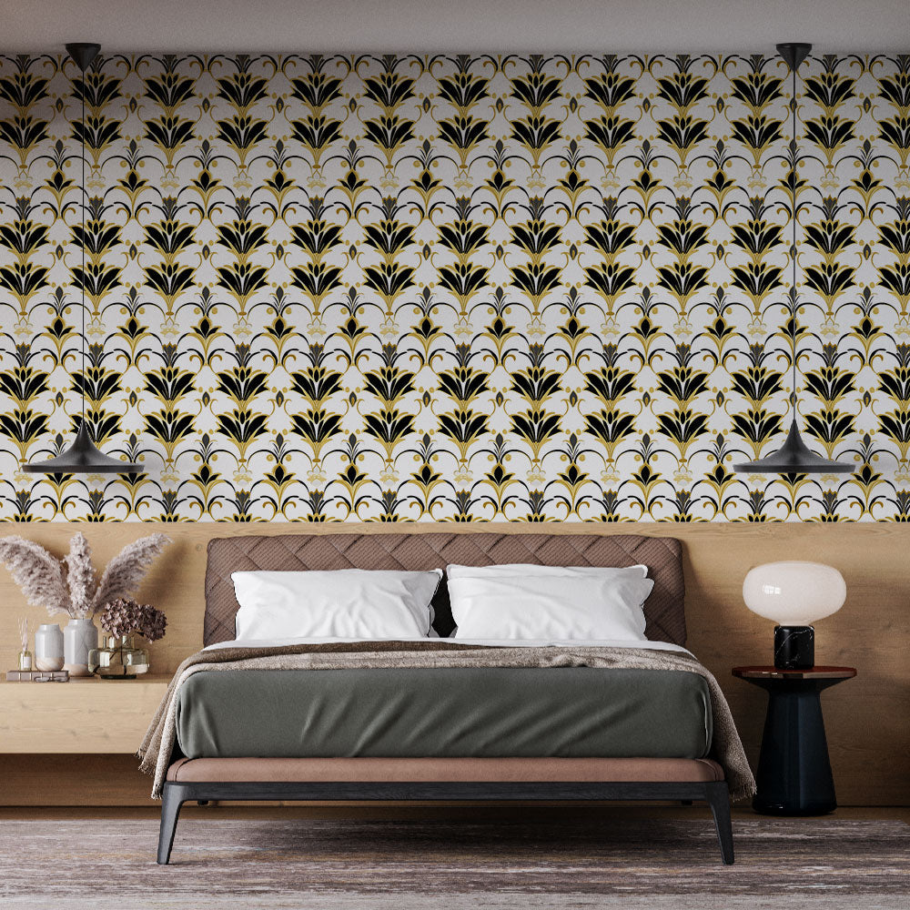 Elegant Gold & Black Floral Wallpaper on White