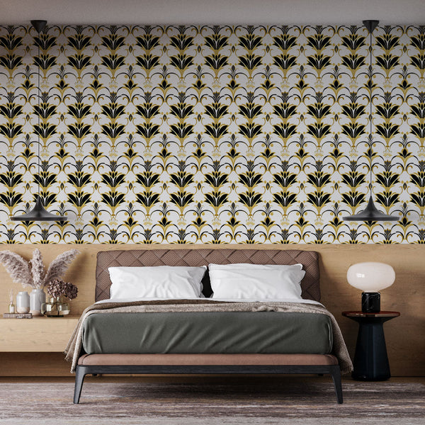 Elegant Gold & Black Floral Wallpaper on White
