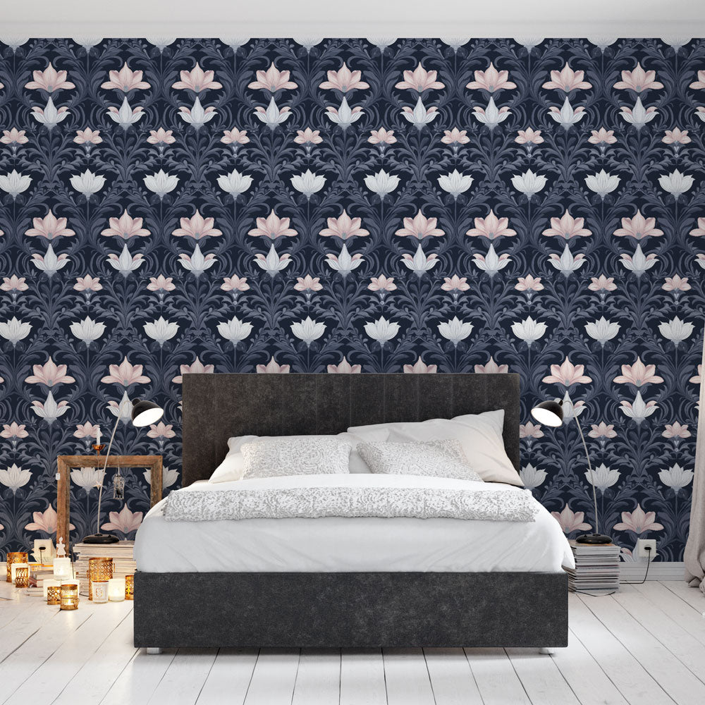 Elegant Floral Wallpaper | Delicate Blooms on Navy Blue