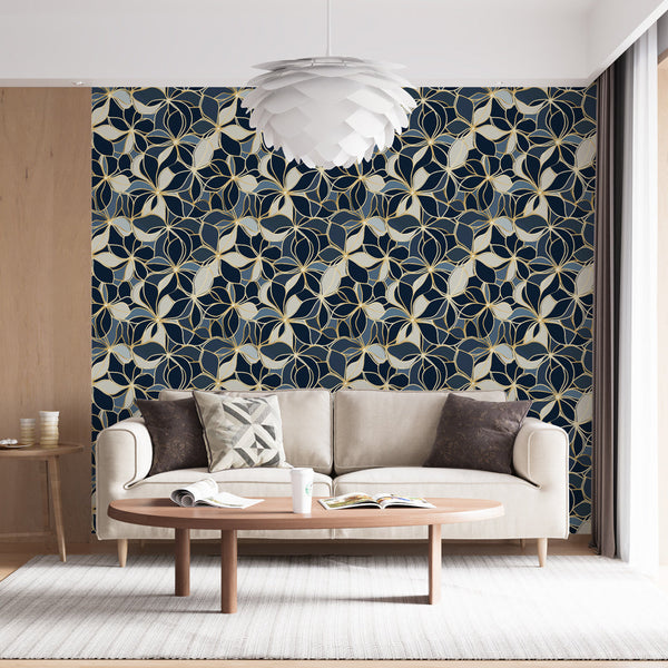 Elegant Floral Wallpaper | Gold Blooms on Navy Wall Mural