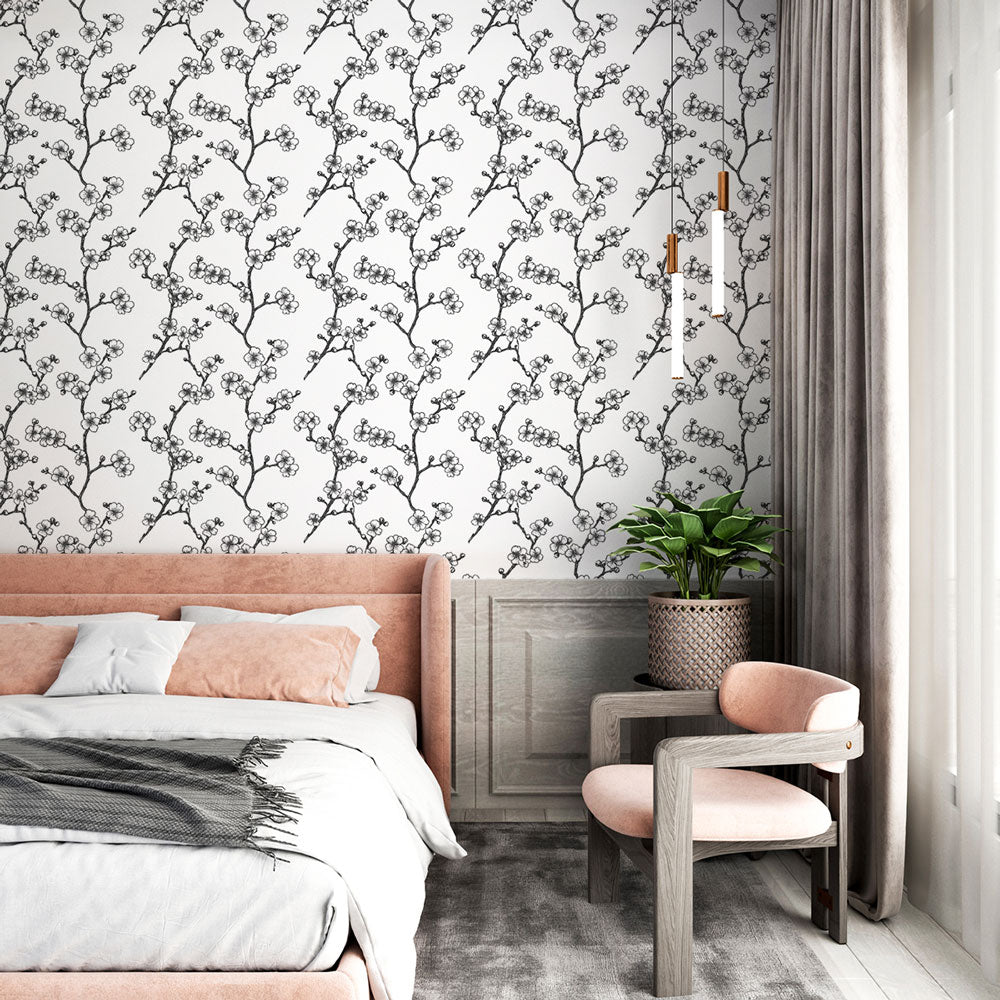 Hand-Drawn Floral Branches Black White Wallpaper