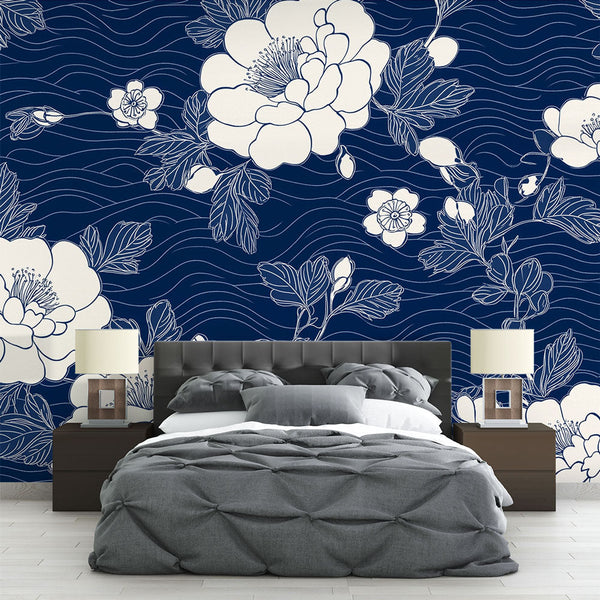 Floral Wallpaper | White Blooms Navy Wall Mural