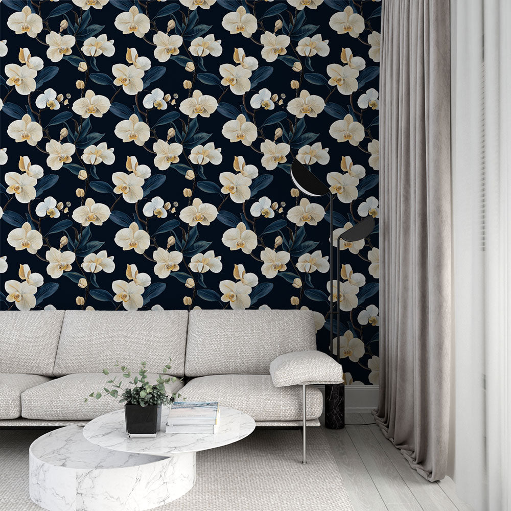 Floral Wallpaper | Elegant White Blooms on a Black Ground