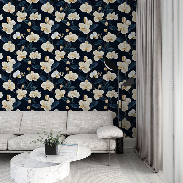 Floral Wallpaper | Elegant White Blooms on a Black Ground