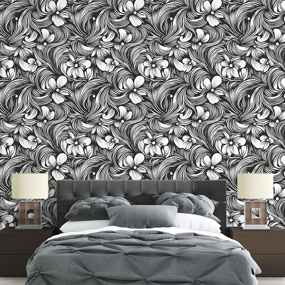 B&W Floral Wallpaper | Elegant Flowers Scrolls Wall Mural