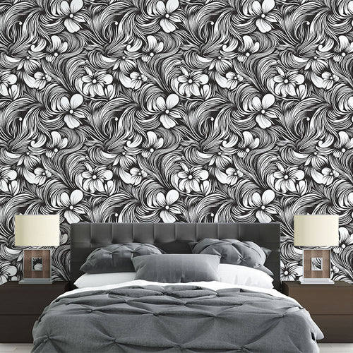 Black and white floral wallpaper elegant flowers and dynamic scrollwork pattern