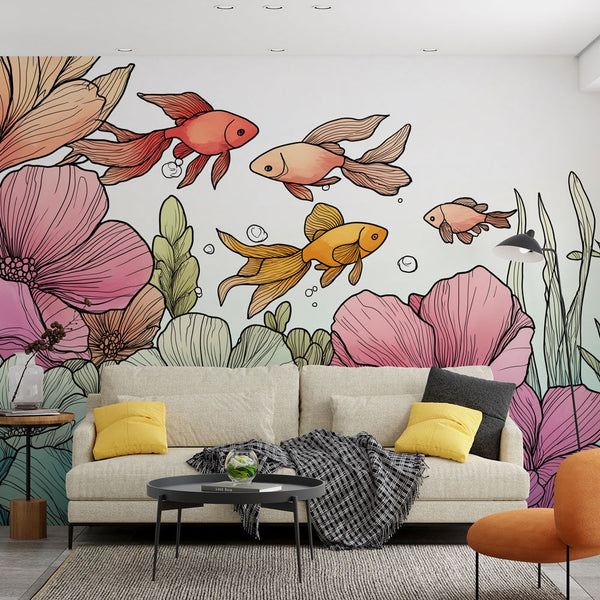 Goldfish Wallpaper | Flowers and Fish Wall Mural in Pink