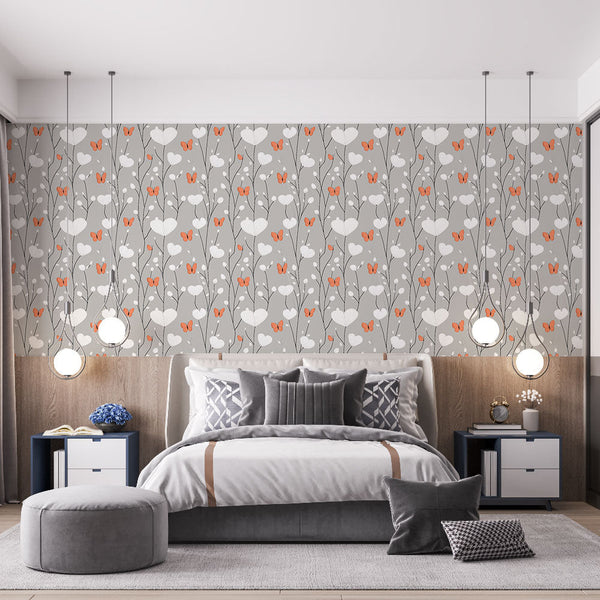 Floral and Butterfly Wallpaper | Orange Wings on Grey Mural