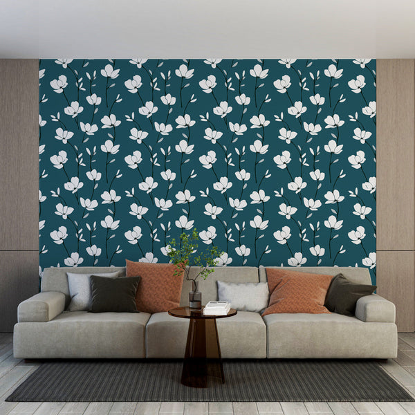 Teal Floral Wallpaper | Elegant White Blooms on Teal Blue