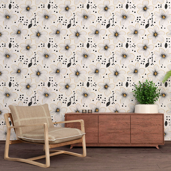 Floral Wallpaper | White Bloom & Graphic Black Mural