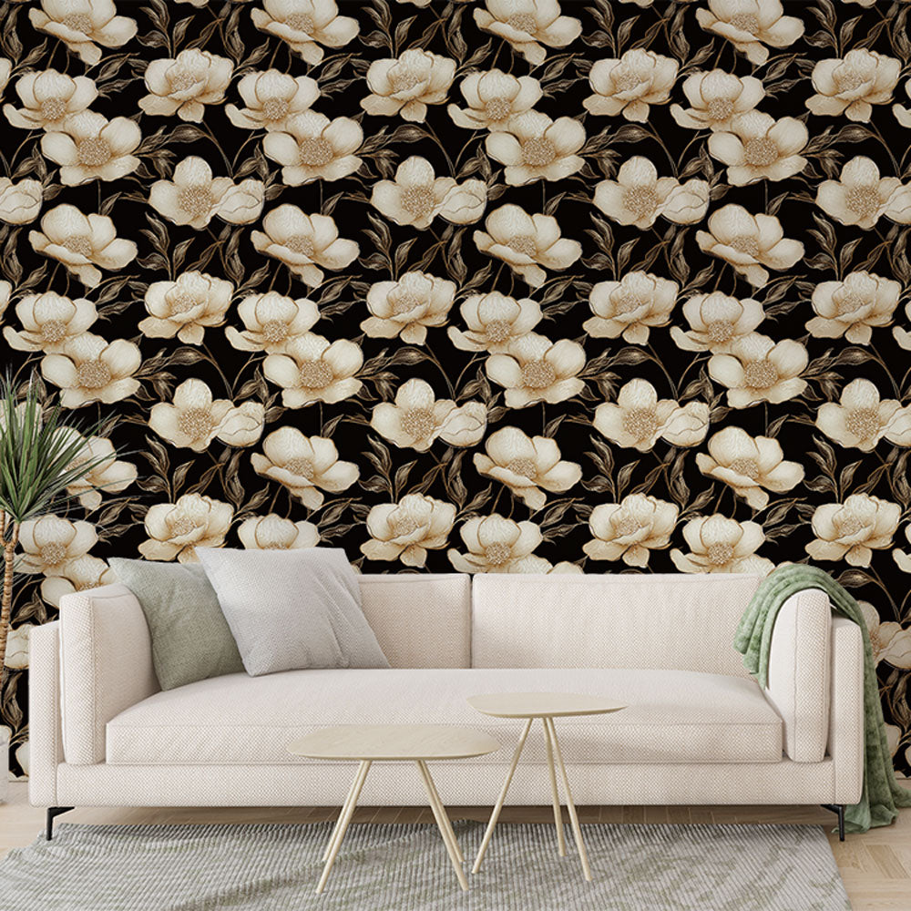Floral Wallpaper | White Blooms on Deep Black Background