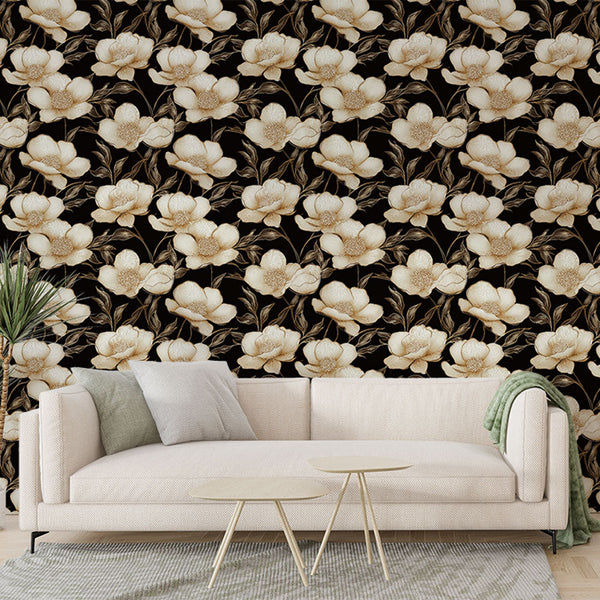 Floral Wallpaper | White Blooms on Deep Black Background
