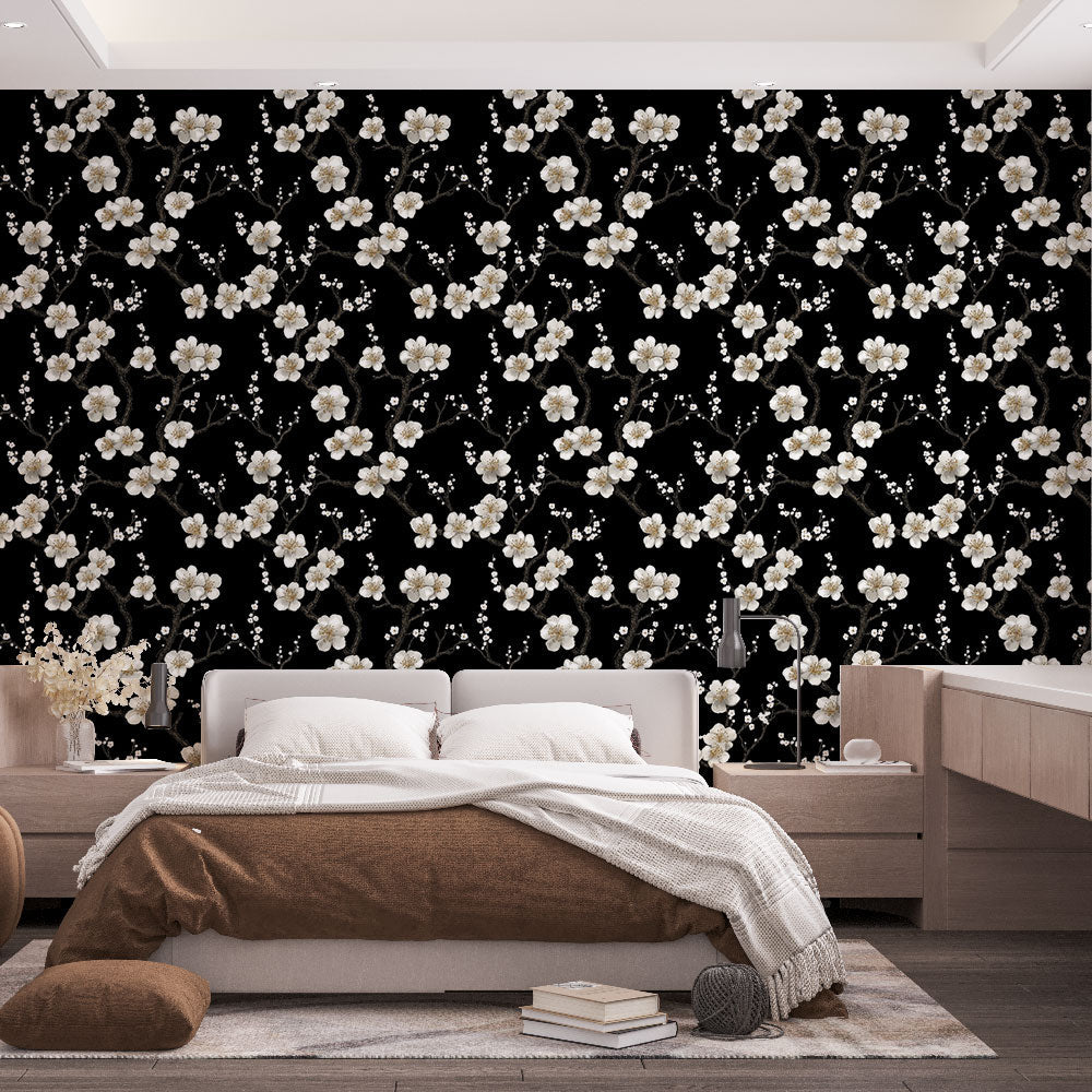 White Floral Wallpaper | Elegant Blooms on Black Wall Mural
