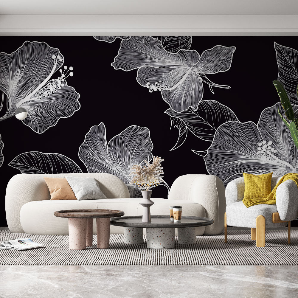 White Floral Black Wallpaper Wall Mural