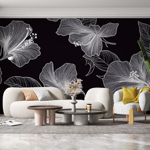 White Floral Black Wallpaper Wall Mural