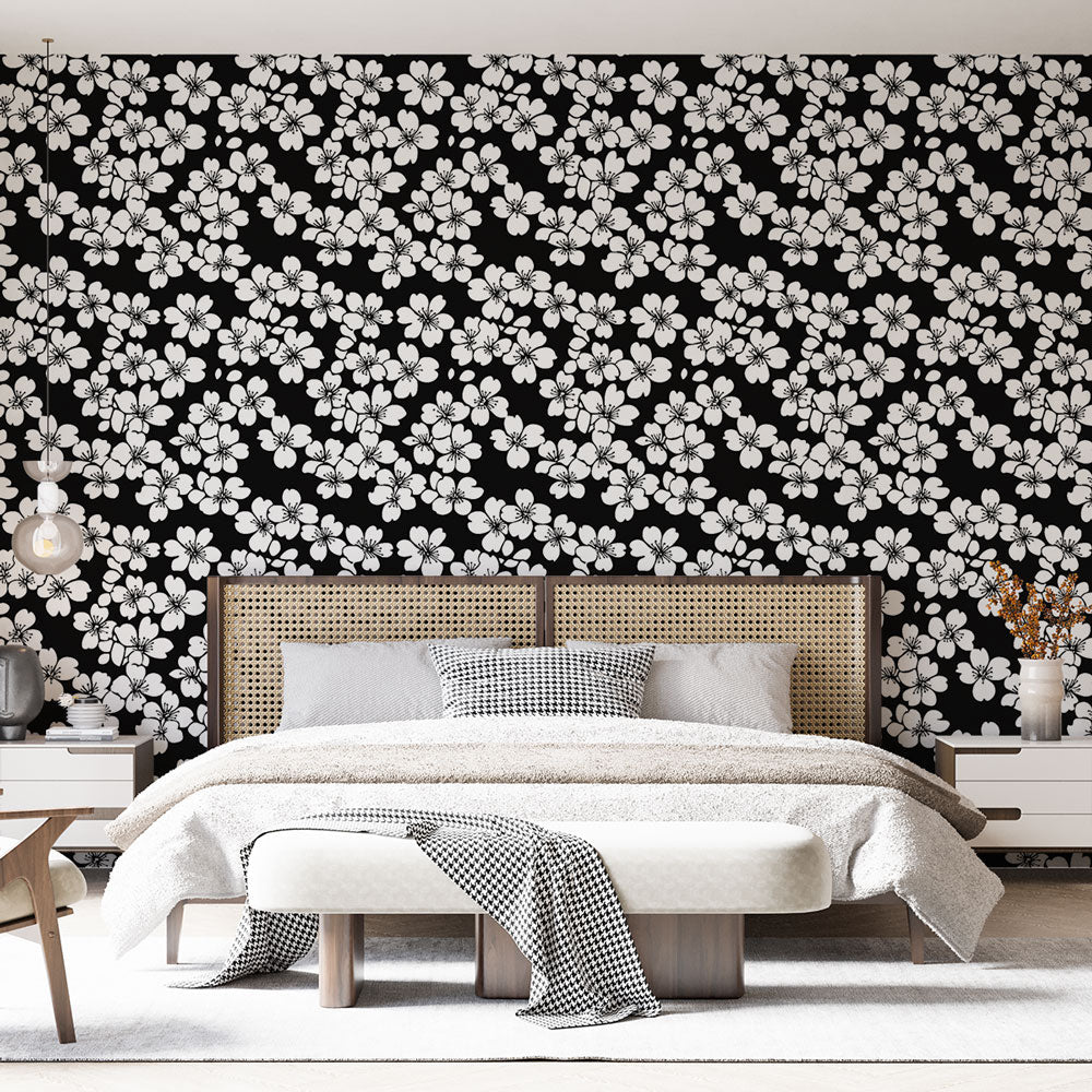 White Floral Wallpaper | Blooms on Black Background