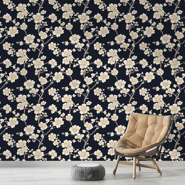 Navy Floral Wallpaper | Cream Bloom Wall Mural on Marine Blue