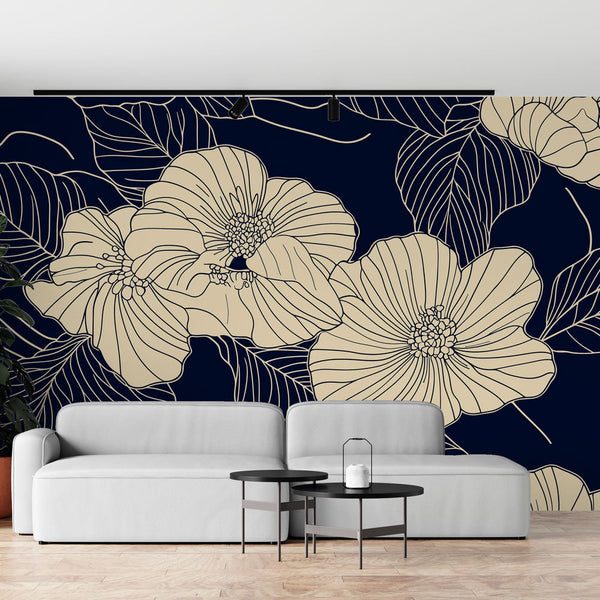 Delicate Floral Wallpaper Navy Blue Wall Mural