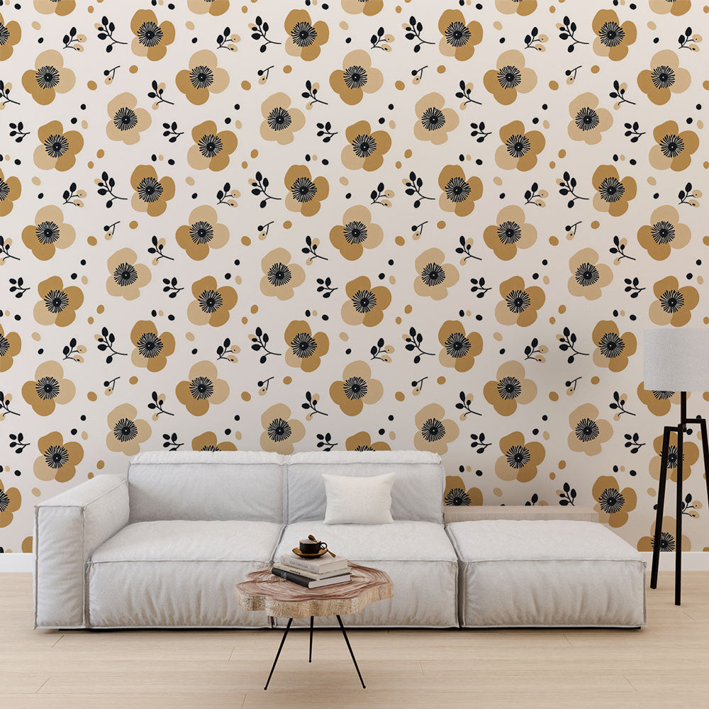 Golden Black Floral Wallpaper on White | Chic Bloom