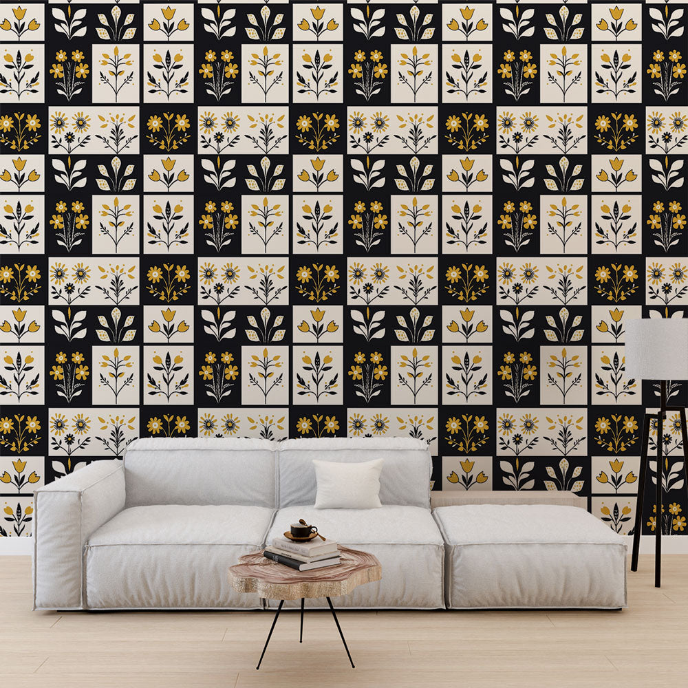 Geometric Floral Wallpaper | Yellow & White Wall Mural