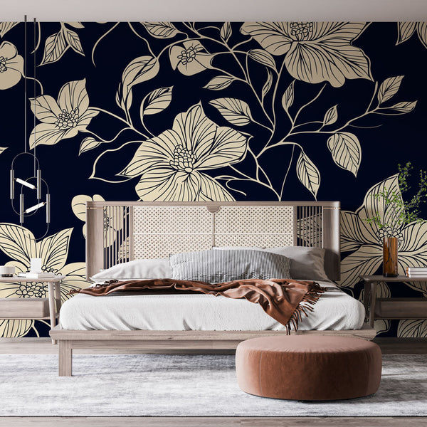 Large Floral Navy Wallpaper Wall Mural