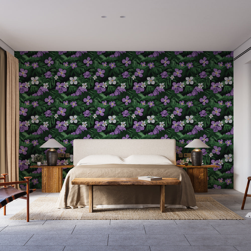 Vibrant Purple & White Floral Garden Wallpaper on Black