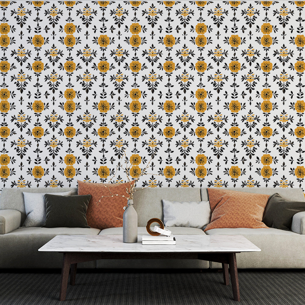 Yellow Black Flowers and Leaves Wallpaper on White