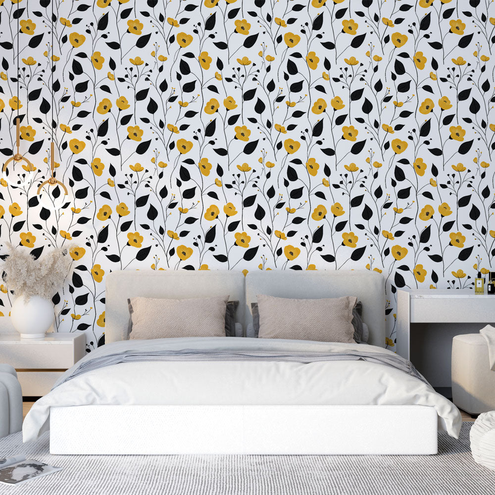 Yellow Bloom Wallpaper | Bold Black Foliage Wall Mural