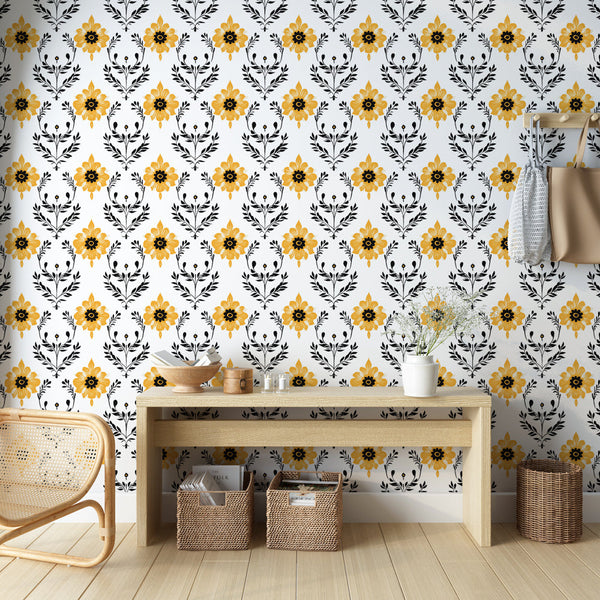 Yellow Black Floral Foliage Wallpaper on White
