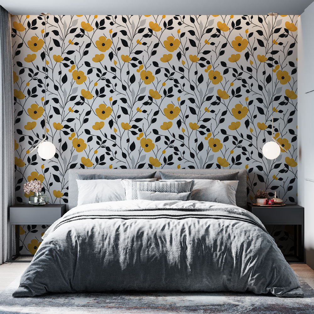 Yellow & Black Floral Wallpaper | Elegant Bloom Wall Mural
