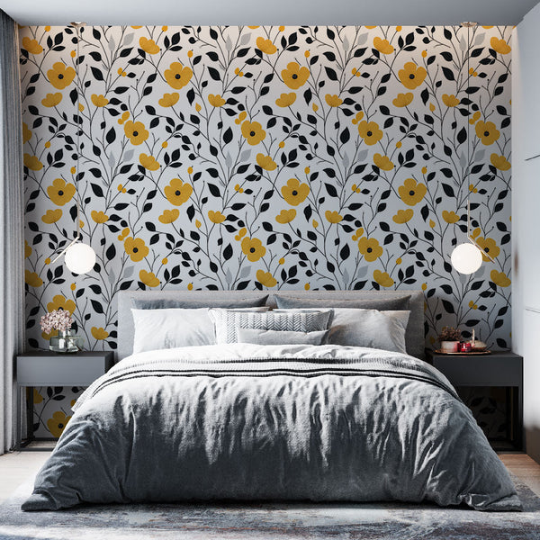 Yellow & Black Floral Wallpaper | Elegant Bloom Wall Mural