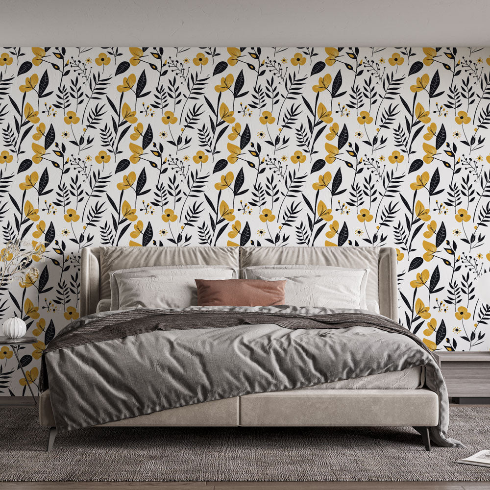 Yellow Black Floral Wallpaper | Bloom Foliage Wall Mural White