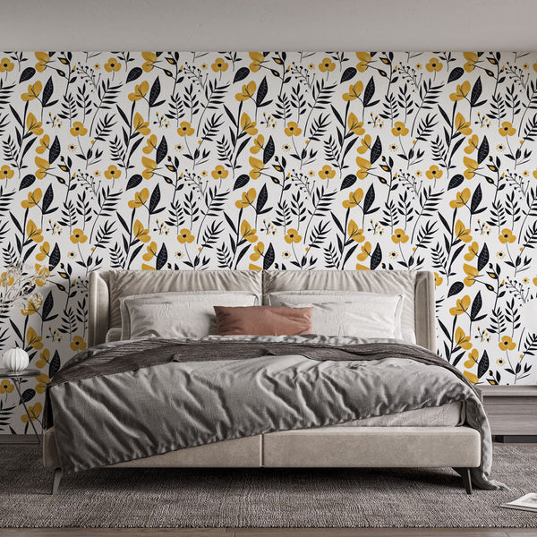 Yellow Black Floral Wallpaper | Bloom Foliage Wall Mural White