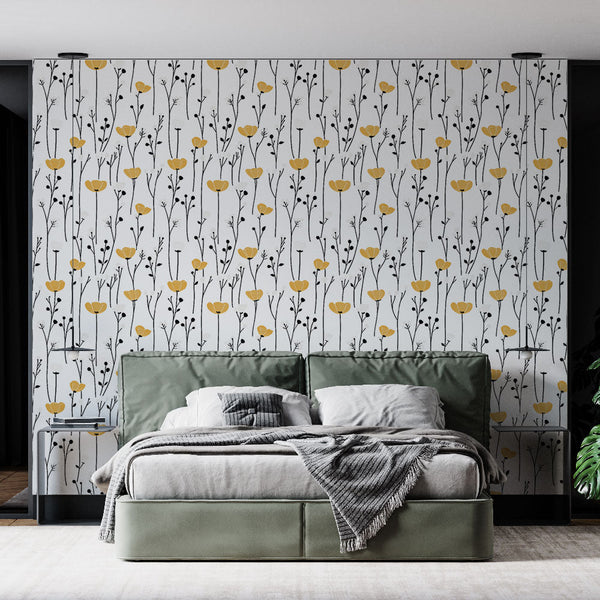 Yellow Floral Wallpaper | Black Branch Wall Mural
