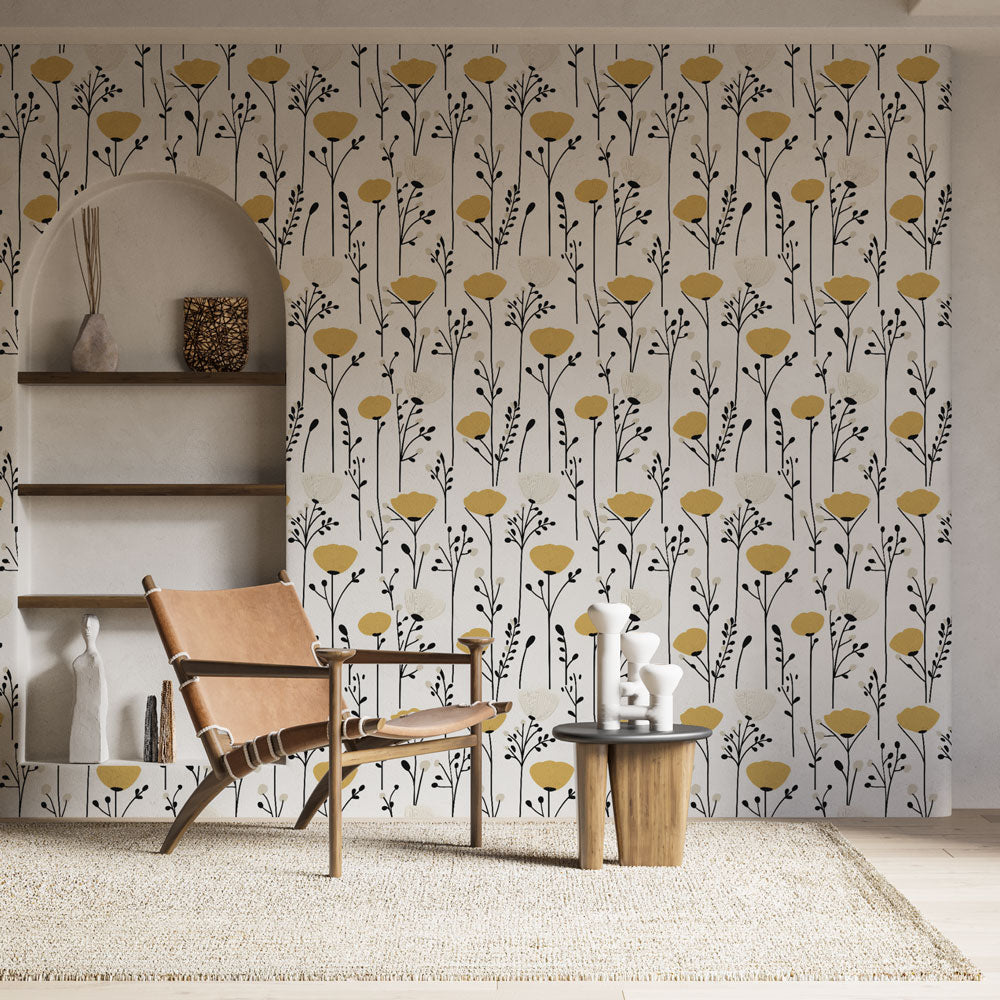 Yellow Black Floral Wallpaper | Stylised Wall Mural