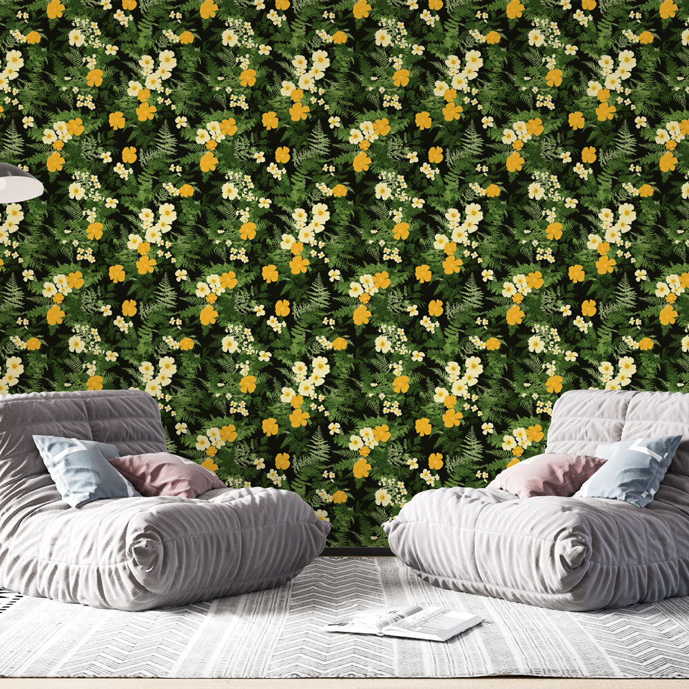 Yellow Green Floral Wallpaper | Black Background Wall Mural Lush