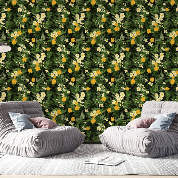 Yellow Green Floral Wallpaper | Black Background Wall Mural Lush