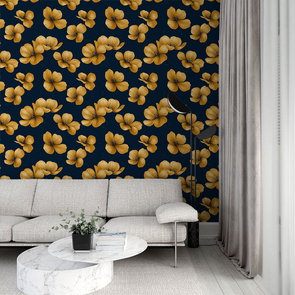 Sunlit Bloom Wallpaper | Yellow Flowers on Navy Wall Mural