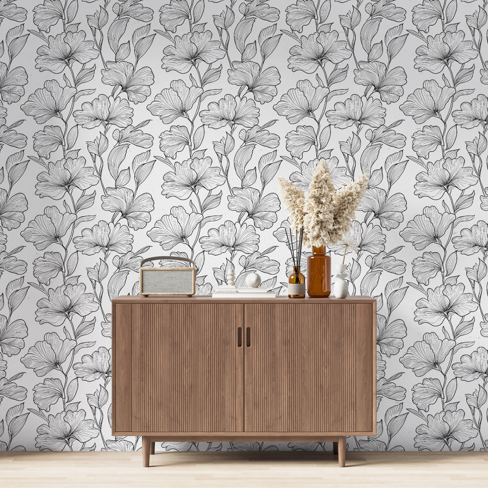 Linear Floral Wallpaper | B&W Elegant Wall Mural