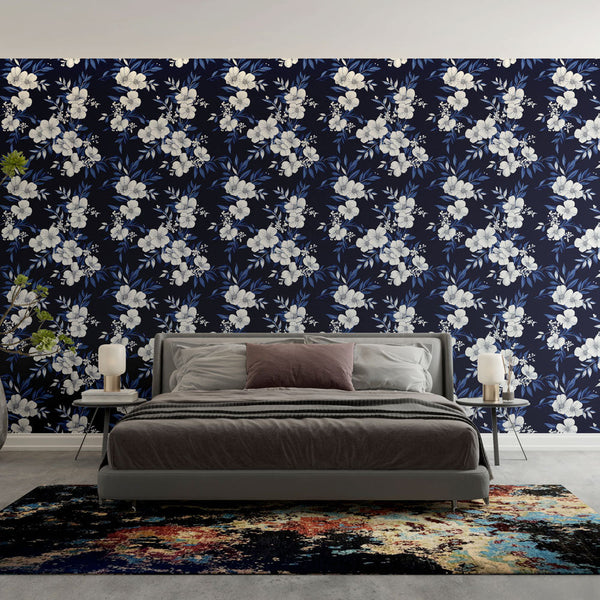 Navy Floral Wallpaper | White Flowers on Midnight Blue